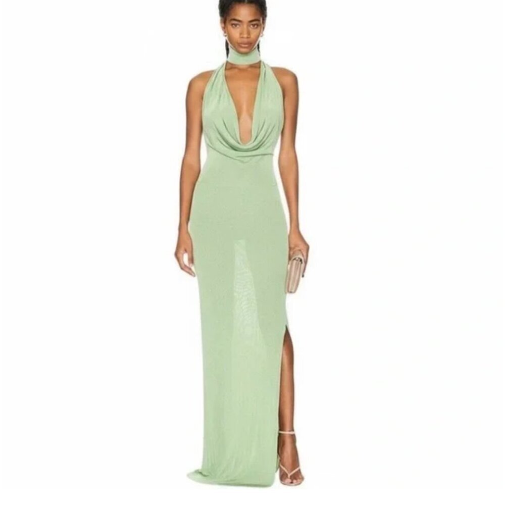AYA MUSE Edo Halter-neck Draped Maxi Dress Backless sexy in Light Green size XXS